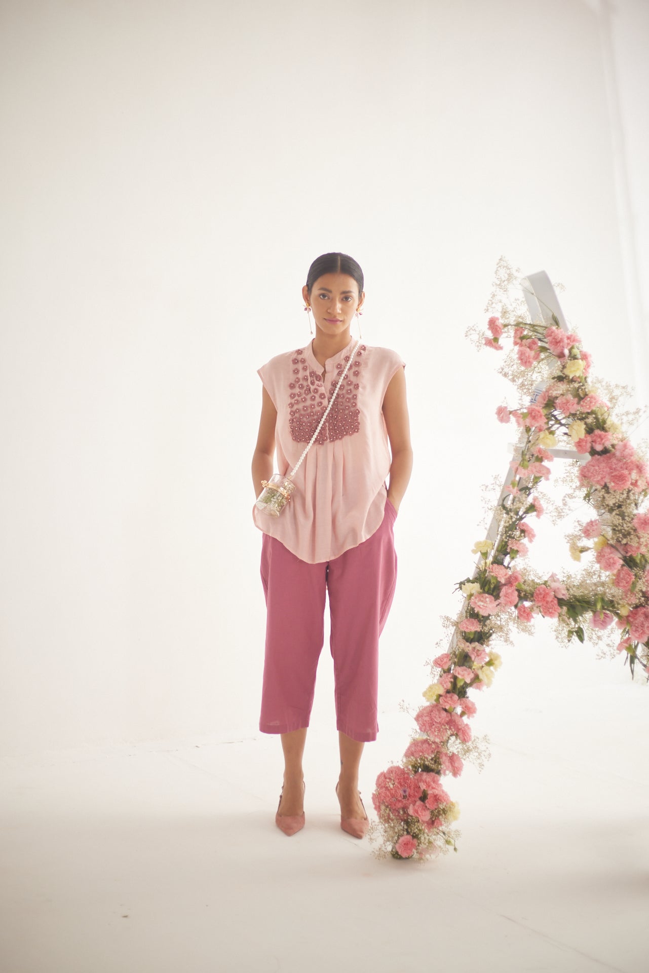 Peach Front Gradient Embroidery Flower With Pearls Top and Spaghetti - Western Era Tops for women