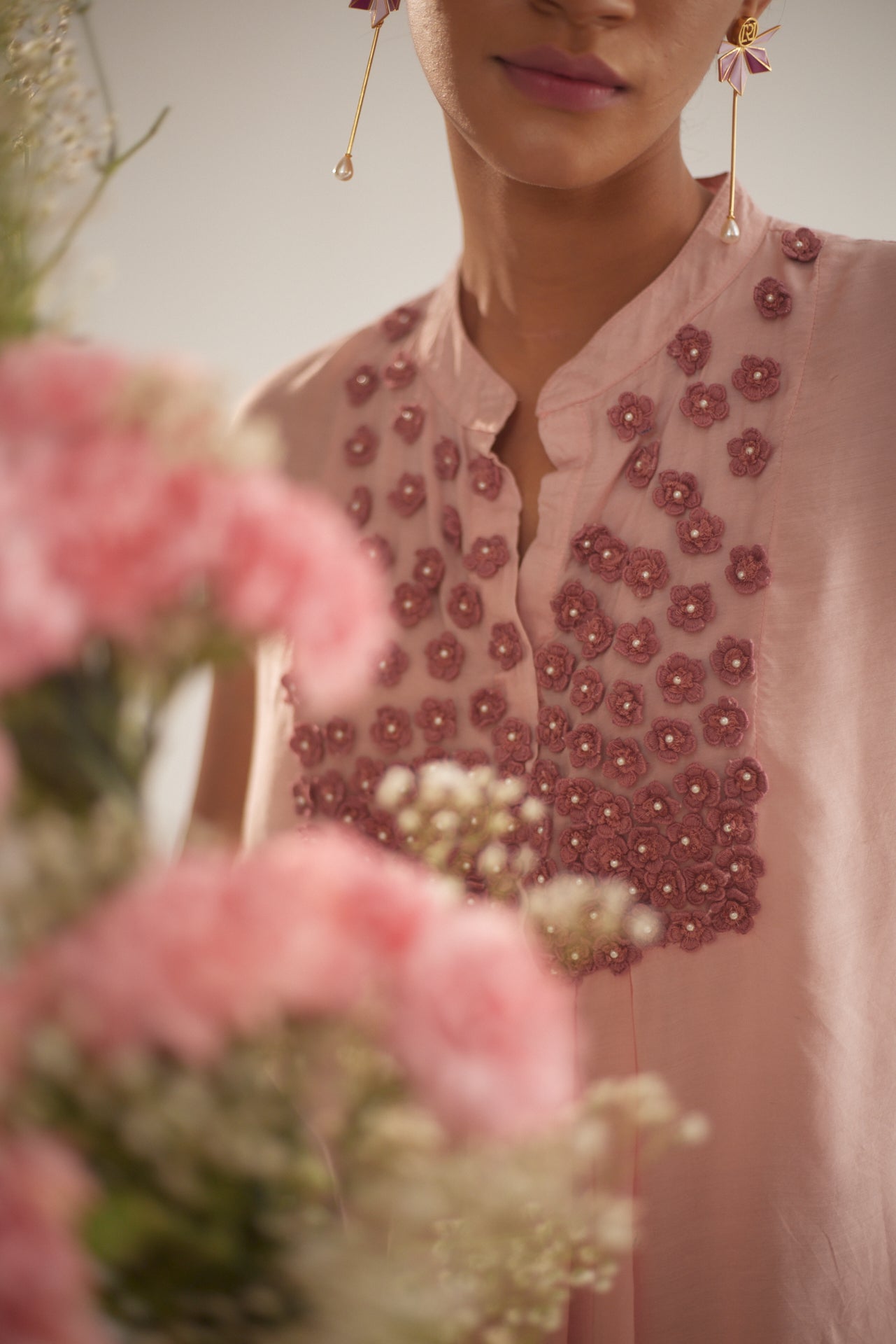 Peach Front Gradient Embroidery Flower With Pearls Top and Spaghetti - Western Era Tops for women