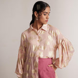 Pink Party Wear Shirt With Balloon Sleeves And Golden Buttons - Western Era Tops for women