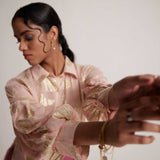 Pink Party Wear Shirt With Balloon Sleeves And Golden Buttons - Western Era Tops for women
