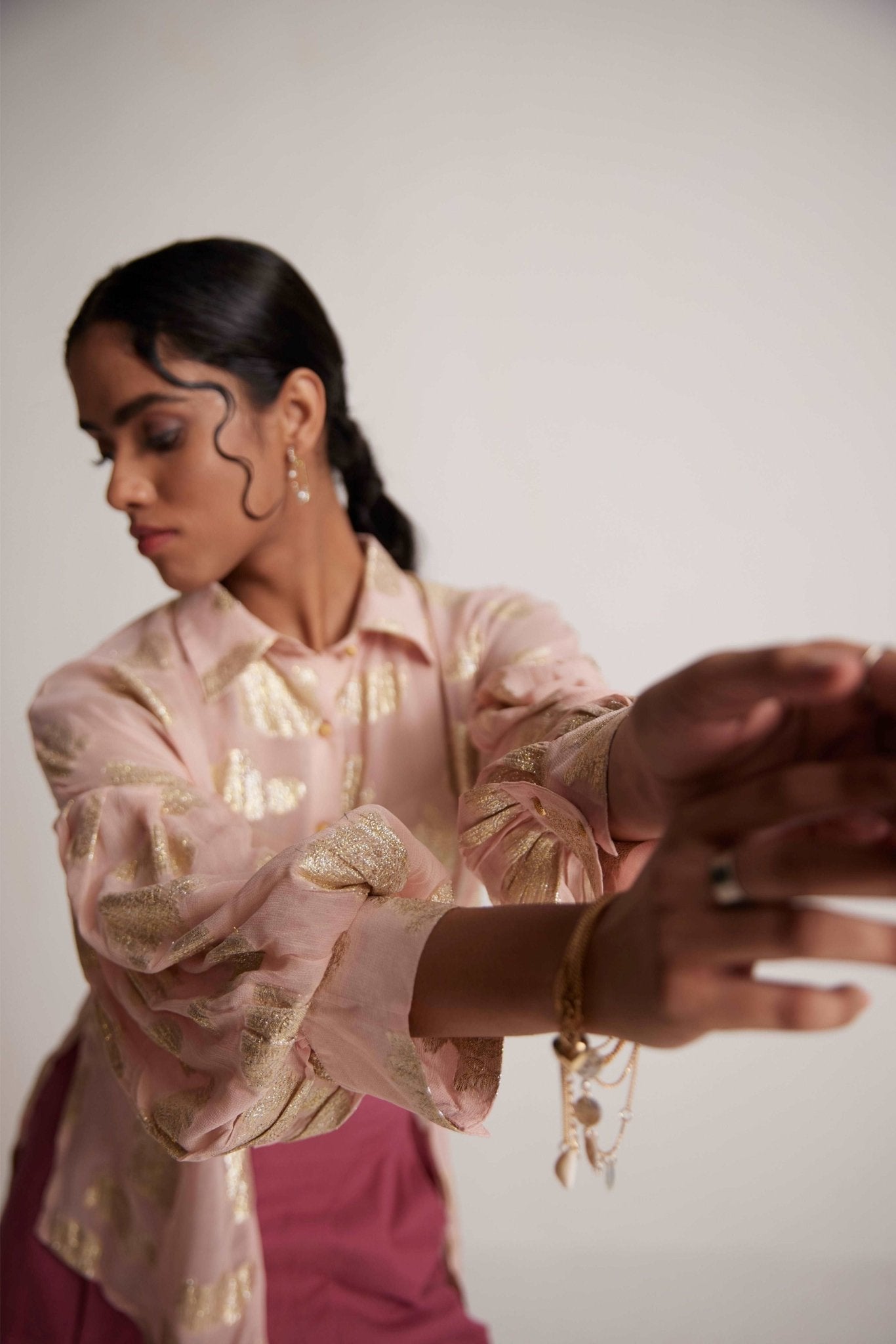 Pink Party Wear Shirt With Balloon Sleeves And Golden Buttons - Western Era Tops for women