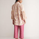 Pink Party Wear Shirt With Balloon Sleeves And Golden Buttons - Western Era Tops for women