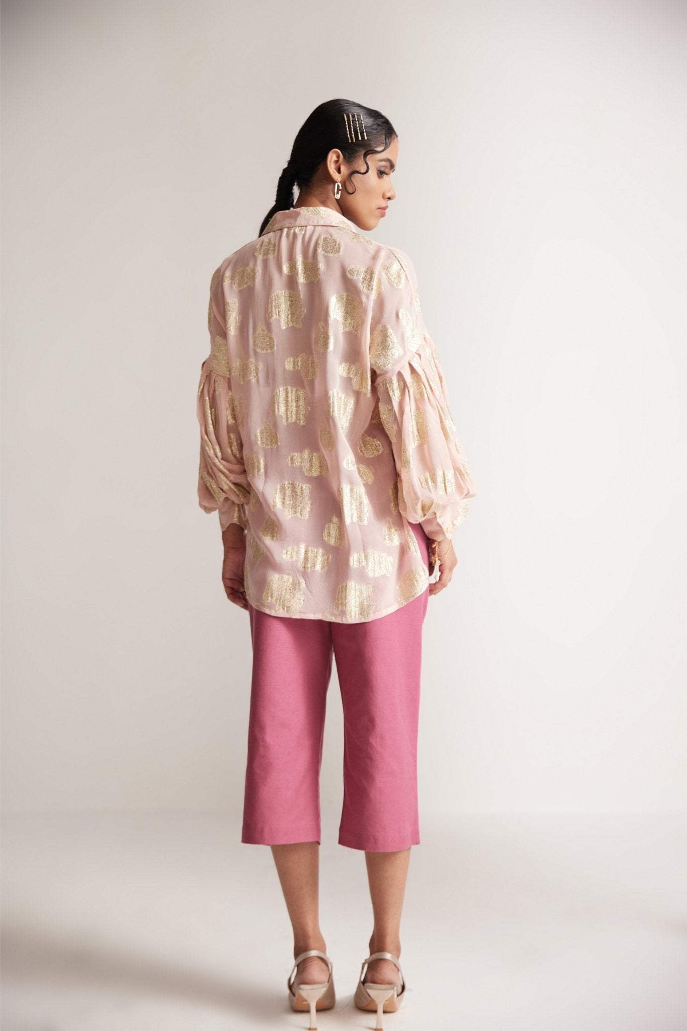 Pink Party Wear Shirt With Balloon Sleeves And Golden Buttons - Western Era Tops for women