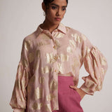 Pink Party Wear Shirt With Balloon Sleeves And Golden Buttons - Western Era Tops for women