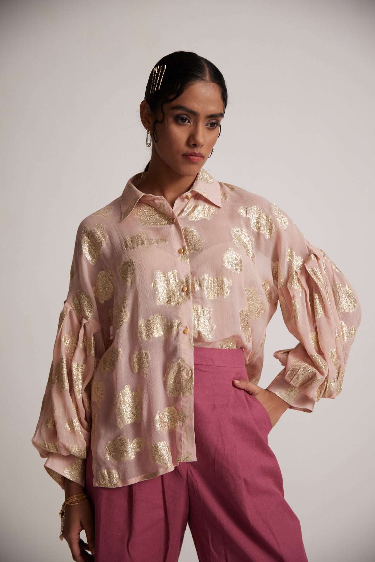 Pink Party Wear Shirt With Balloon Sleeves And Golden Buttons - Western Era Tops for women