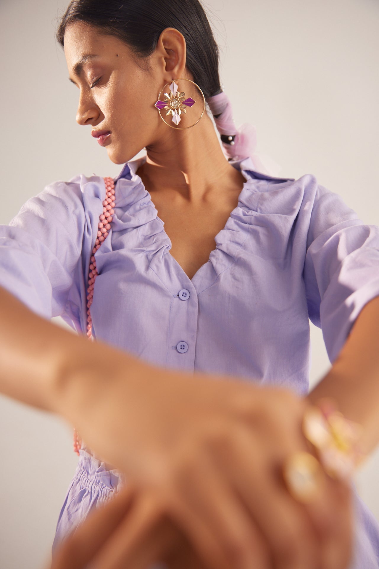 Purple Cotton shirt With Ruching on V - Neckline and Front Pocket - Western Era Tops for women