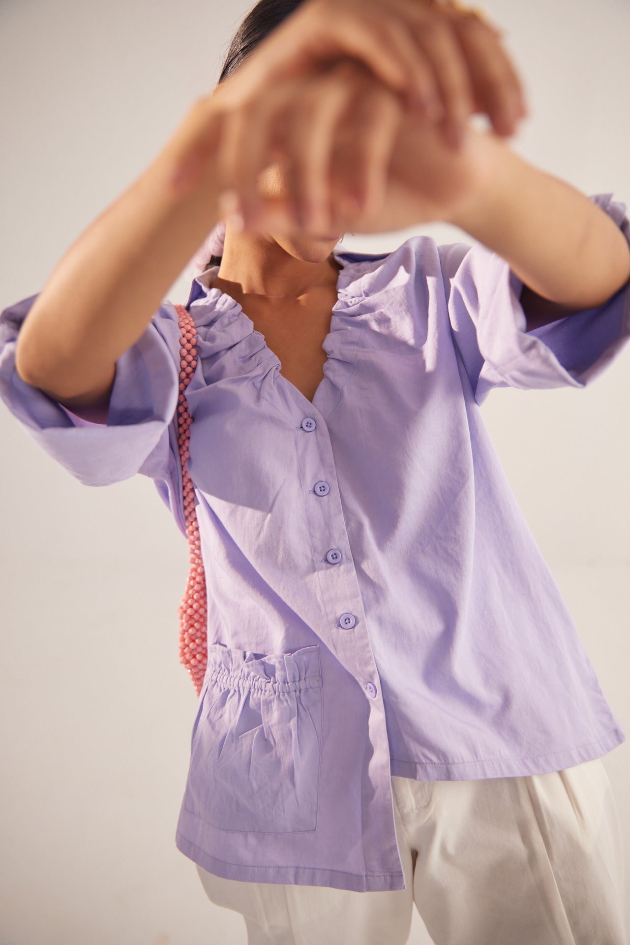 Purple Cotton shirt With Ruching on V - Neckline and Front Pocket - Western Era Tops for women