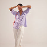 Purple Cotton shirt With Ruching on V - Neckline and Front Pocket - Western Era Tops for women