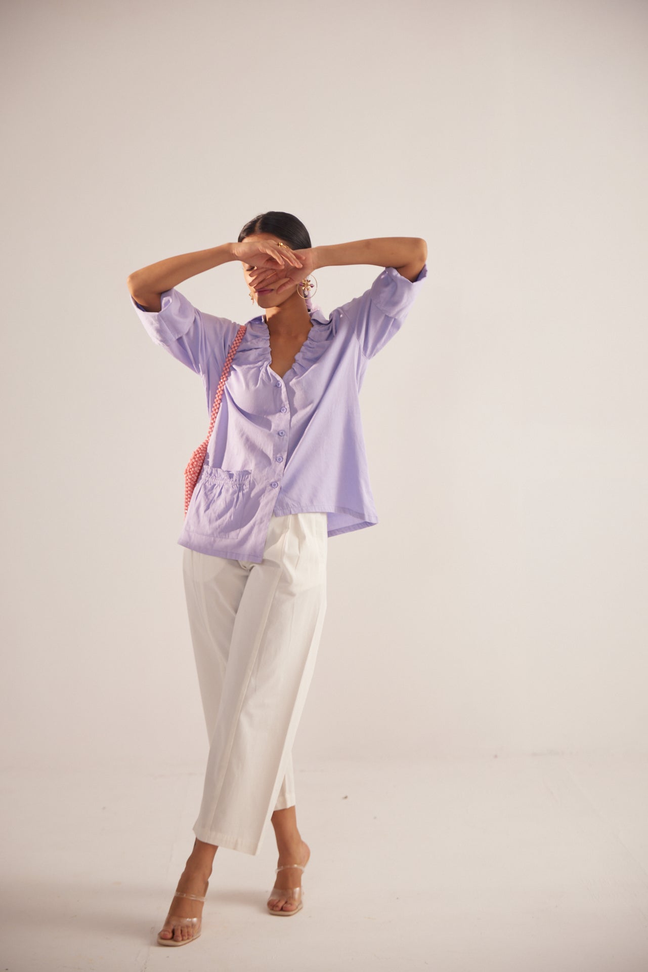 Purple Cotton shirt With Ruching on V - Neckline and Front Pocket - Western Era Tops for women