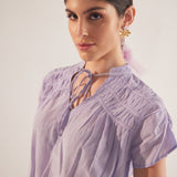 Purple Front Knot Crop Top With Shoulder Ruching - Western Era Tops for women