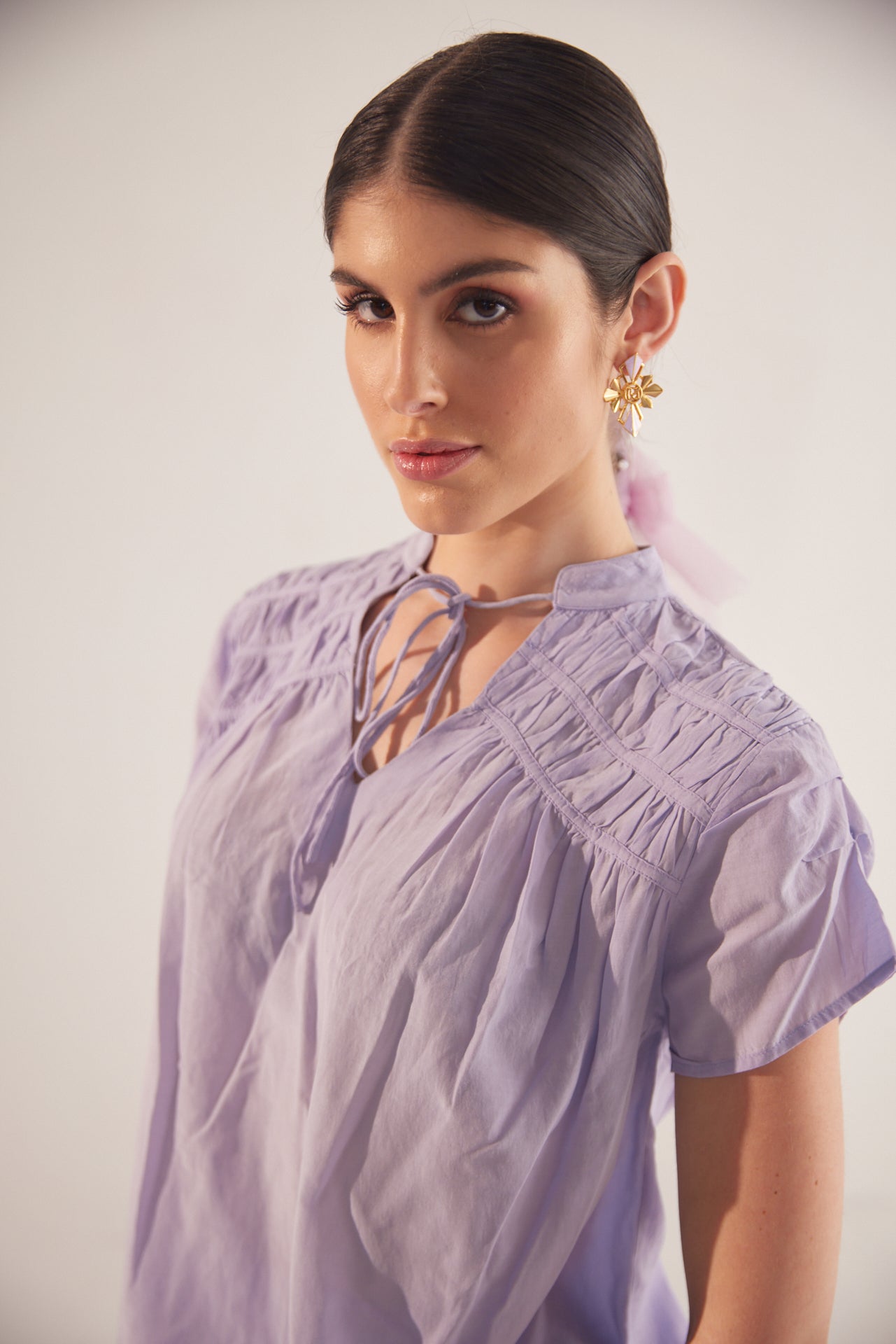 Purple Front Knot Crop Top With Shoulder Ruching - Western Era Tops for women