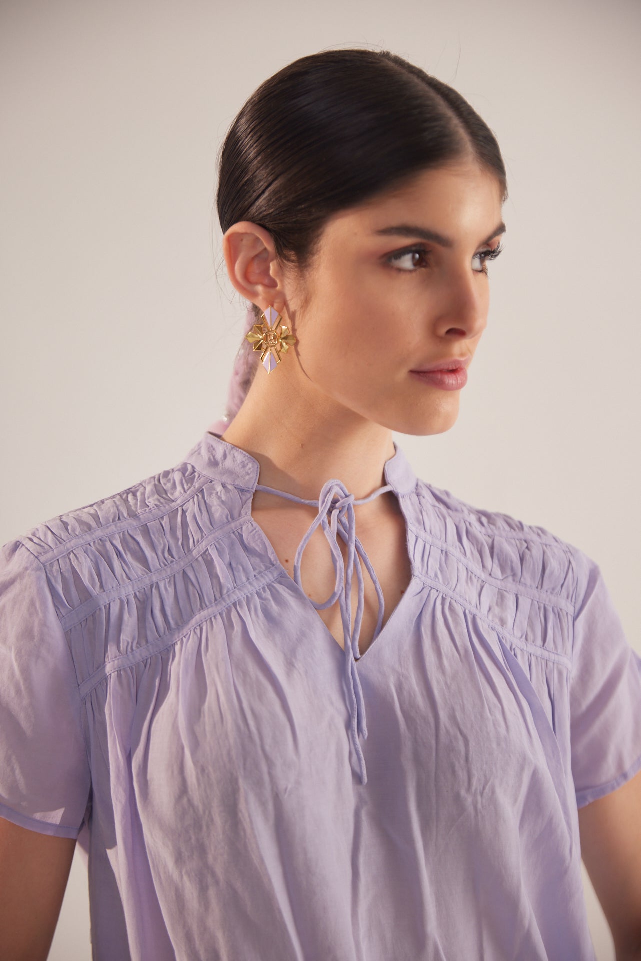 Purple Front Knot Crop Top With Shoulder Ruching - Western Era Tops for women