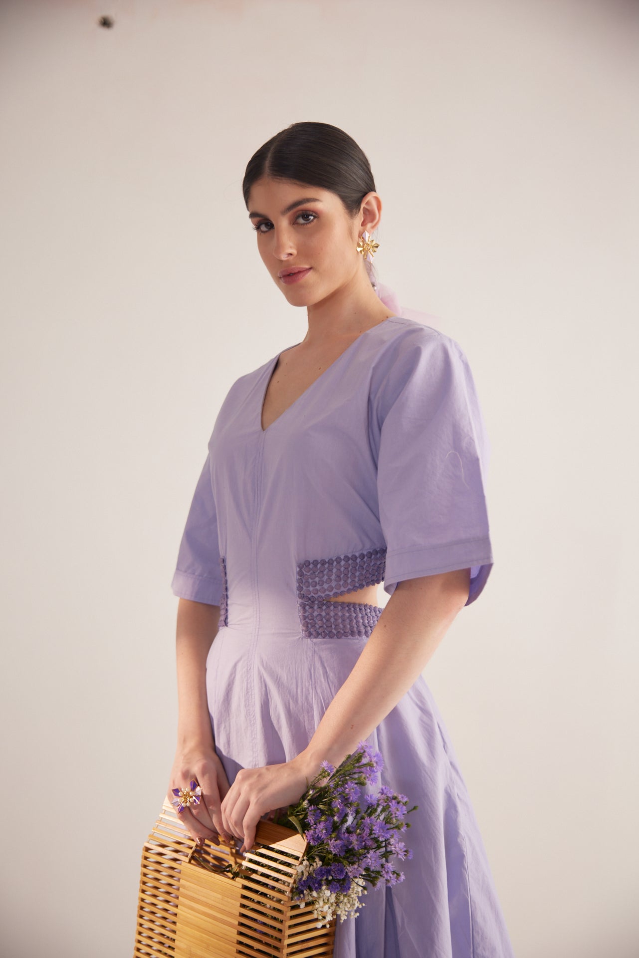Purple Lace on Waist Cutout Flared Cotton Dress - Western Era Dresses for women