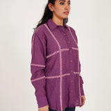 Purple Line Embroidered Oversized Shirt - Western Era Tops for women