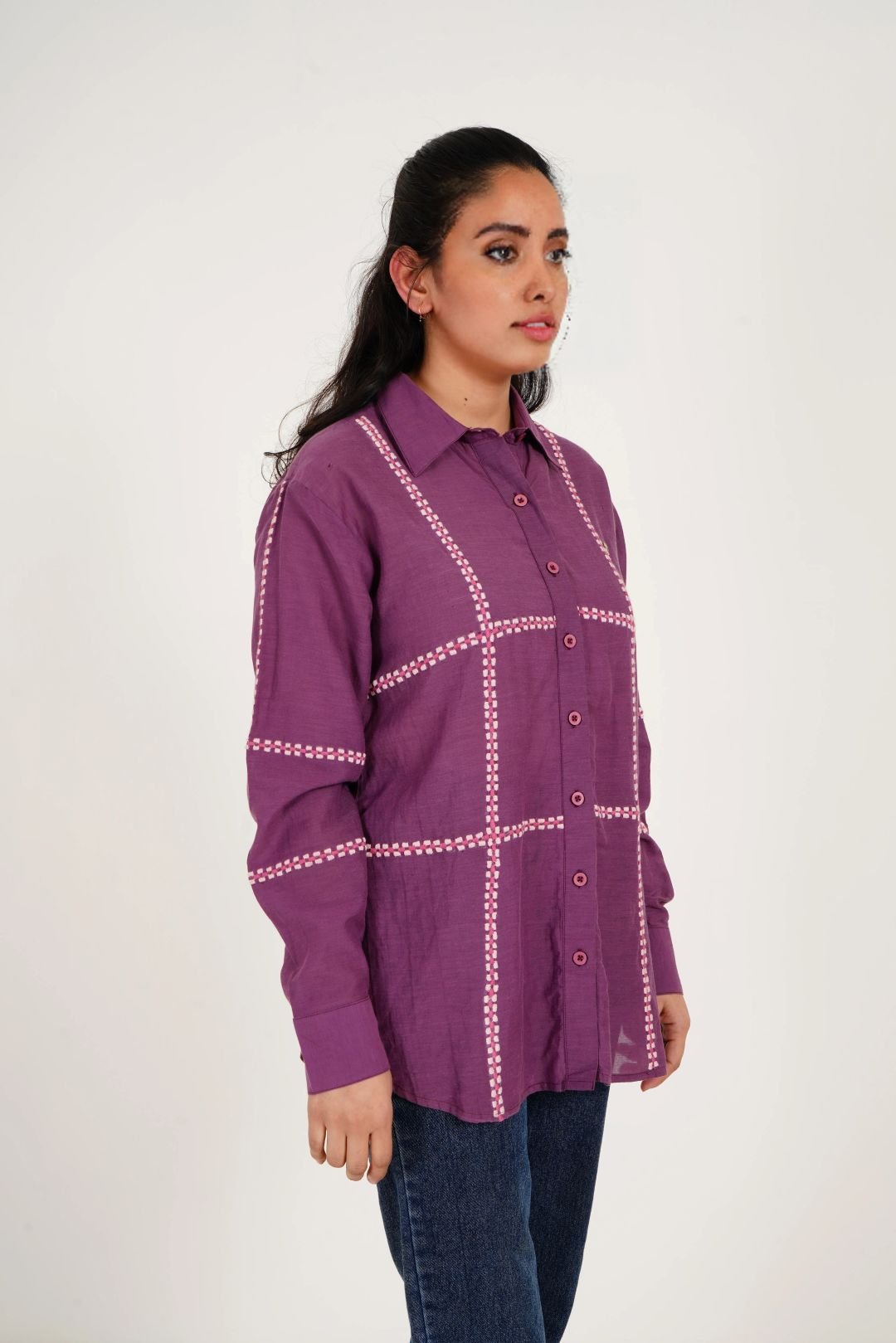 Purple Line Embroidered Oversized Shirt - Western Era Tops for women