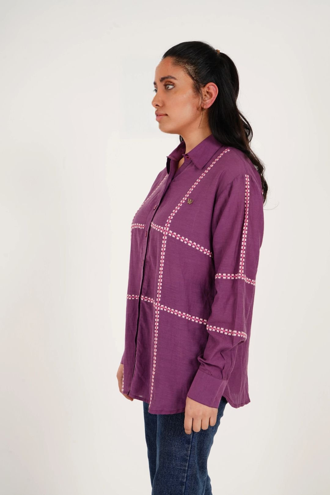 Purple Line Embroidered Oversized Shirt - Western Era Tops for women