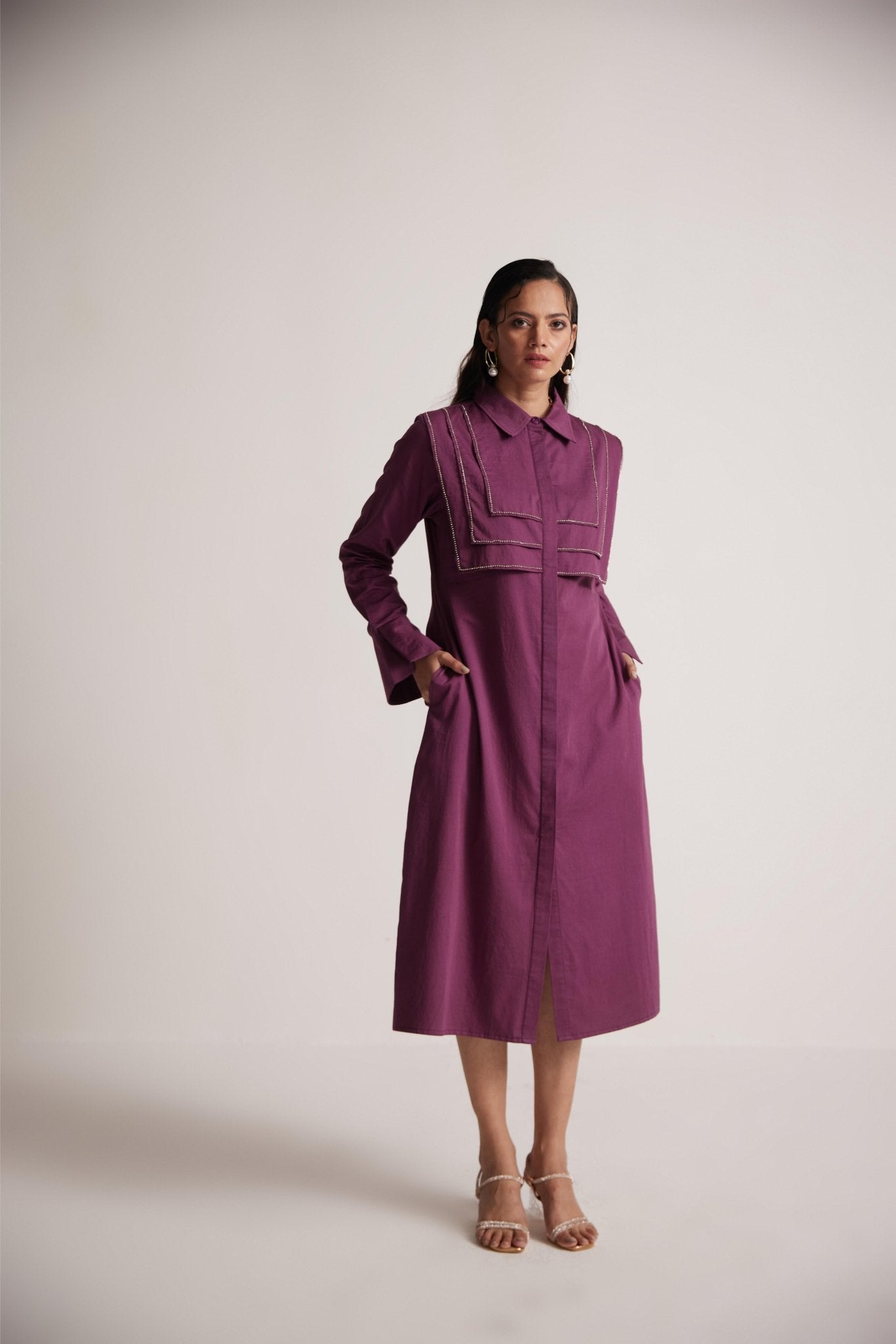 Purple Long Shirt Dress With Stone Chain On Layered Collar - Western Era Dresses for women