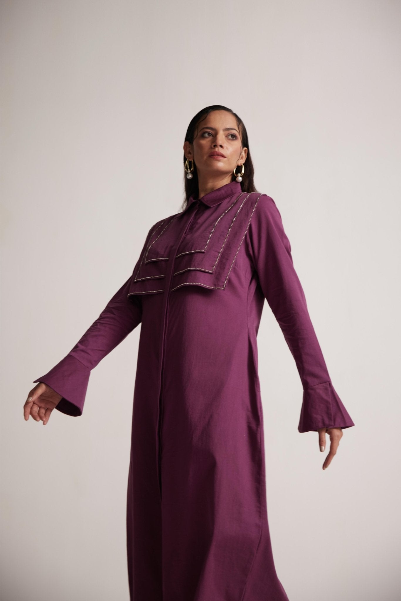 Purple Long Shirt Dress With Stone Chain On Layered Collar - Western Era Dresses for women