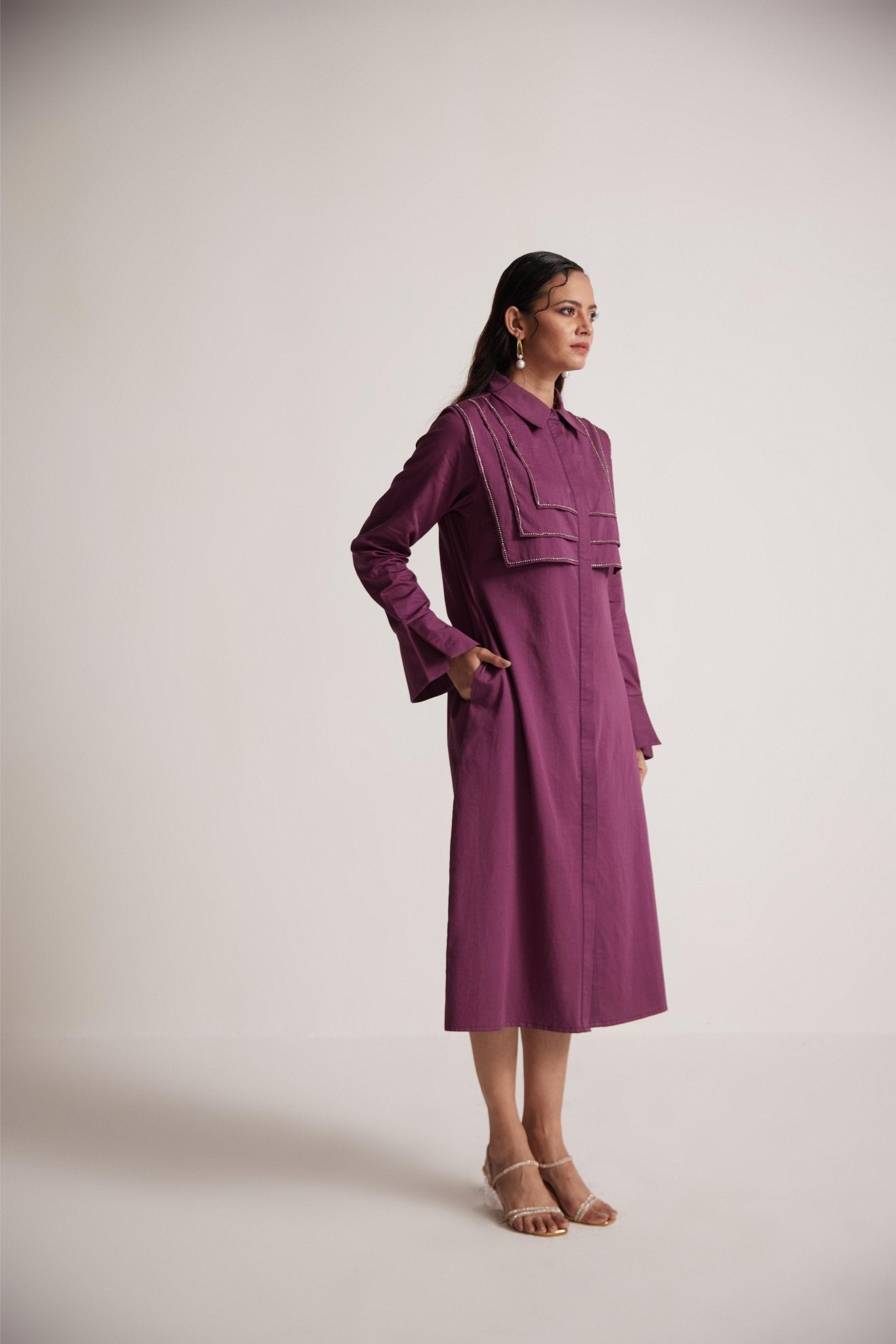 Purple Long Shirt Dress With Stone Chain On Layered Collar - Western Era Dresses for women