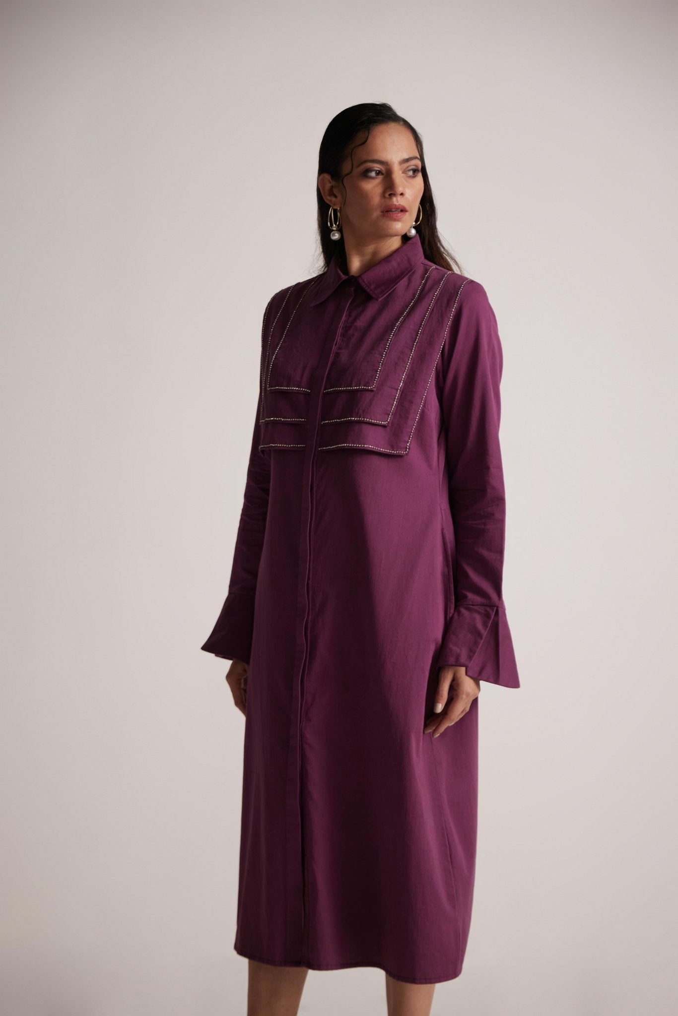 Purple Long Shirt Dress With Stone Chain On Layered Collar - Western Era Dresses for women