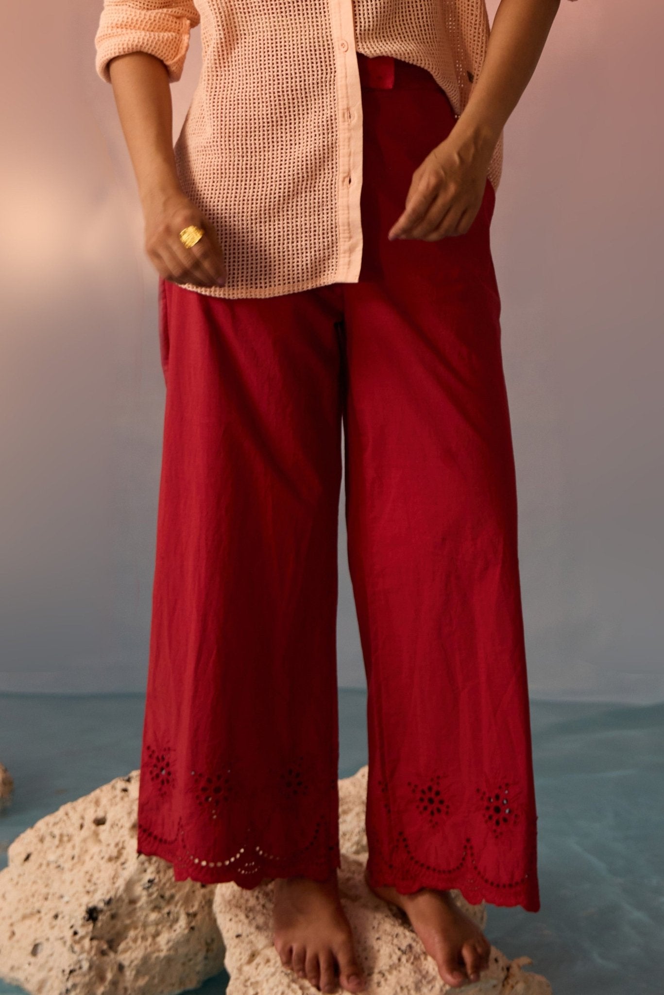 Red Bloom Schiffli Trousers - Western Era trousers for women