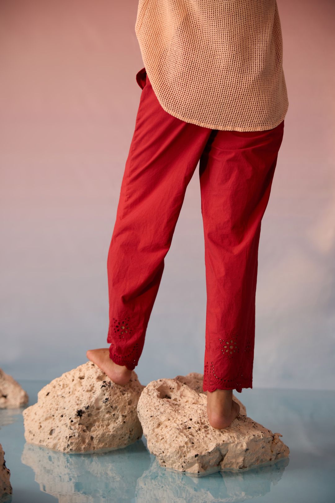 Red Bloom Schiffli Trousers - Western Era trousers for women