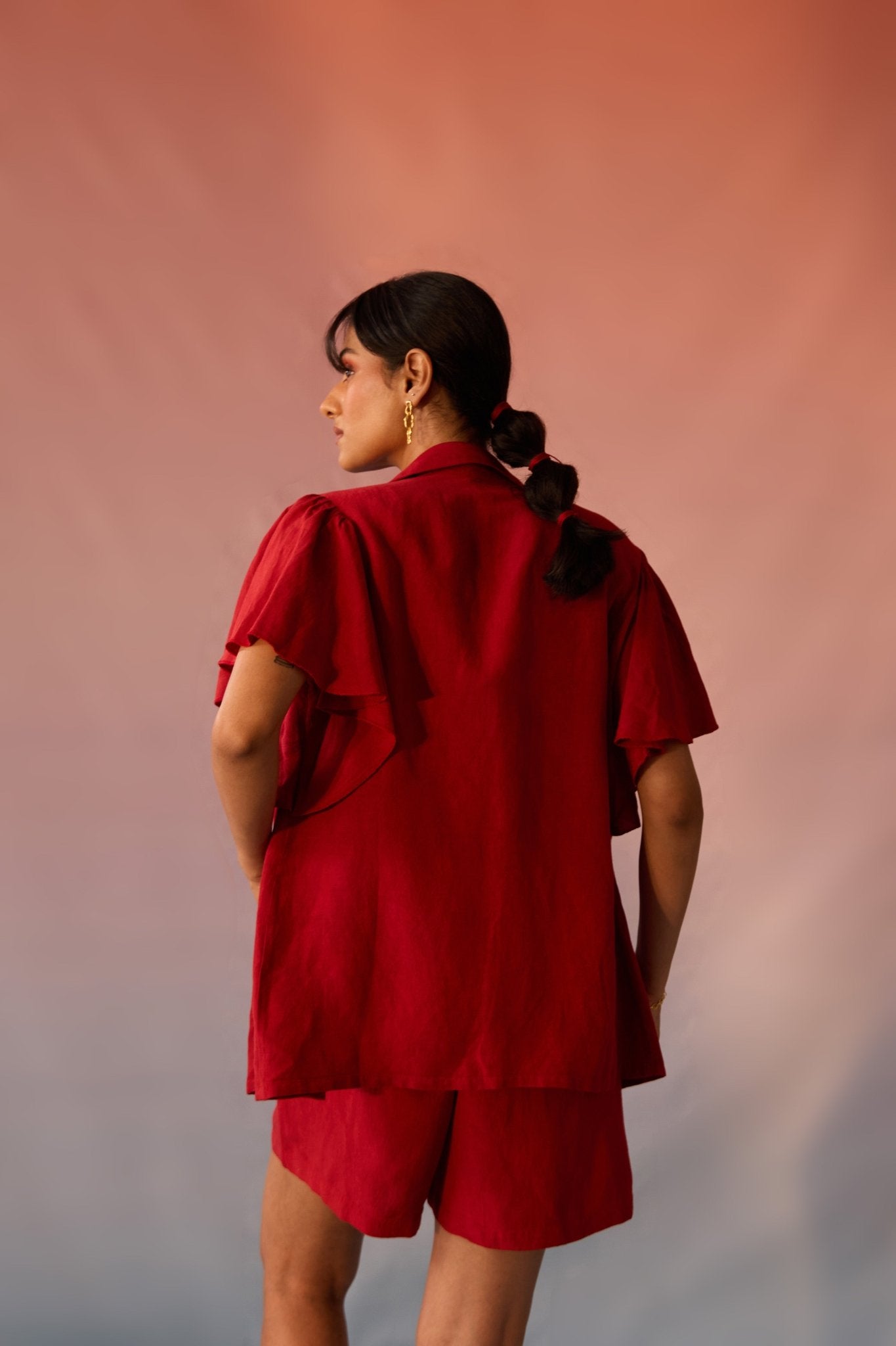 Red Co - ord Set with Shell Embroidery Crop Top and Shorts - Western Era Co - ord set for women