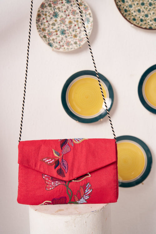 Red Front and Back Floral Embroidered Sling Bag