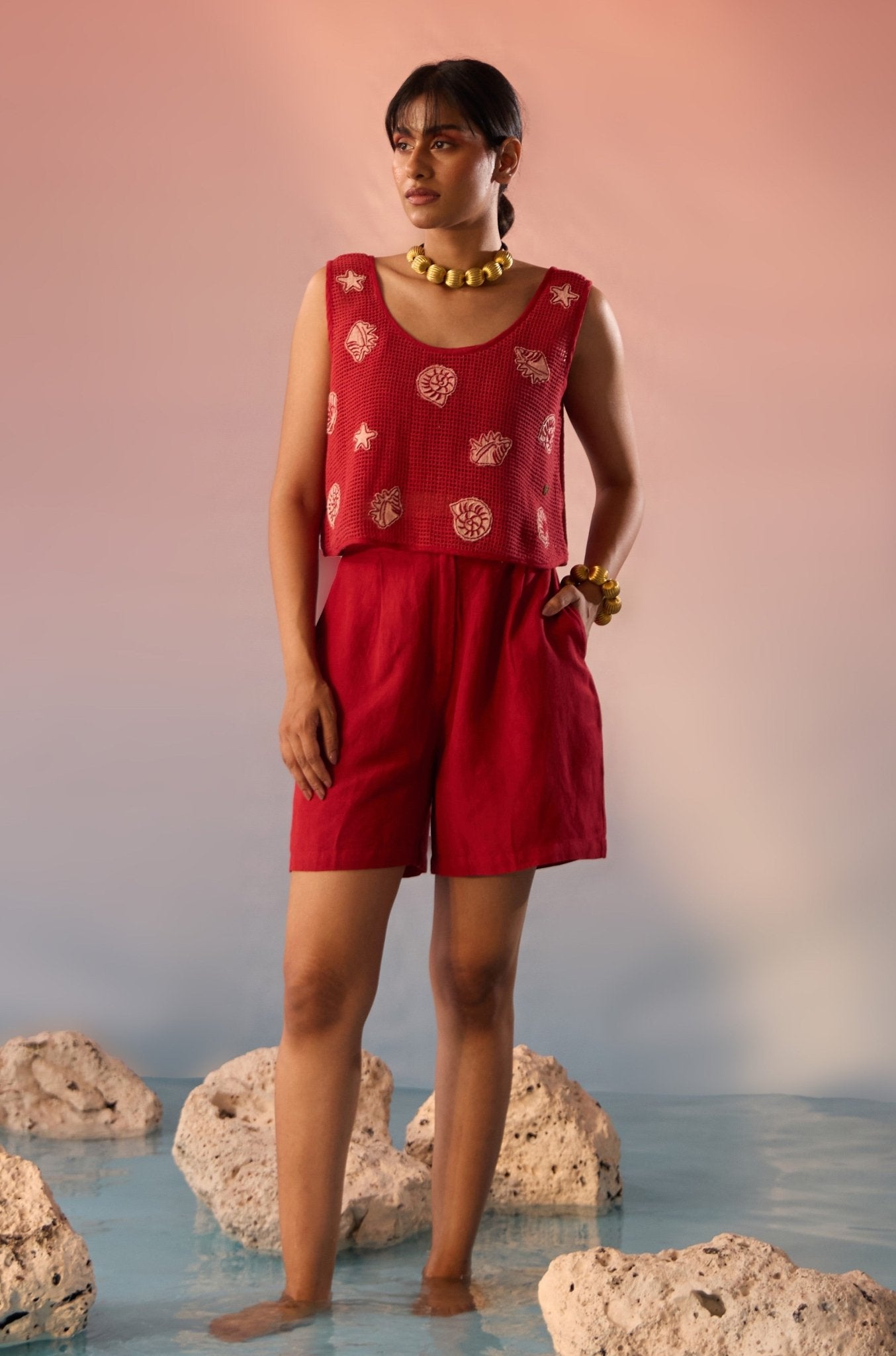 Red Mesh Crop Top with Sea Motif Patch and Inner Crop Top - Western Era Tops for women