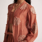 Rust Chanderi Jacket With Zari Mandala Patch Work And Front Zip - Western Era Embroidery for women