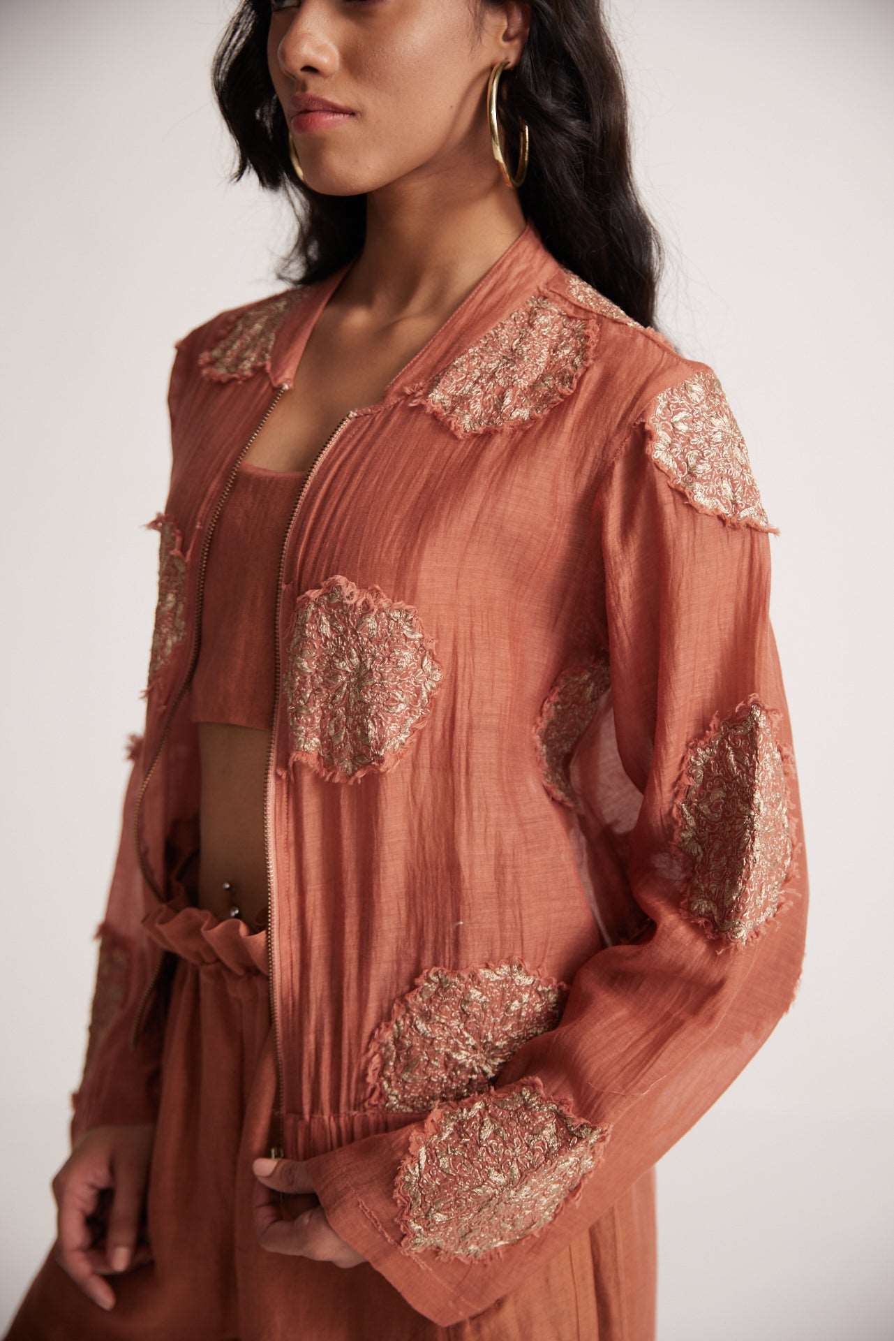 Rust Chanderi Jacket With Zari Mandala Patch Work And Front Zip - Western Era Embroidery for women
