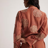Rust Chanderi Jacket With Zari Mandala Patch Work And Front Zip - Western Era Embroidery for women