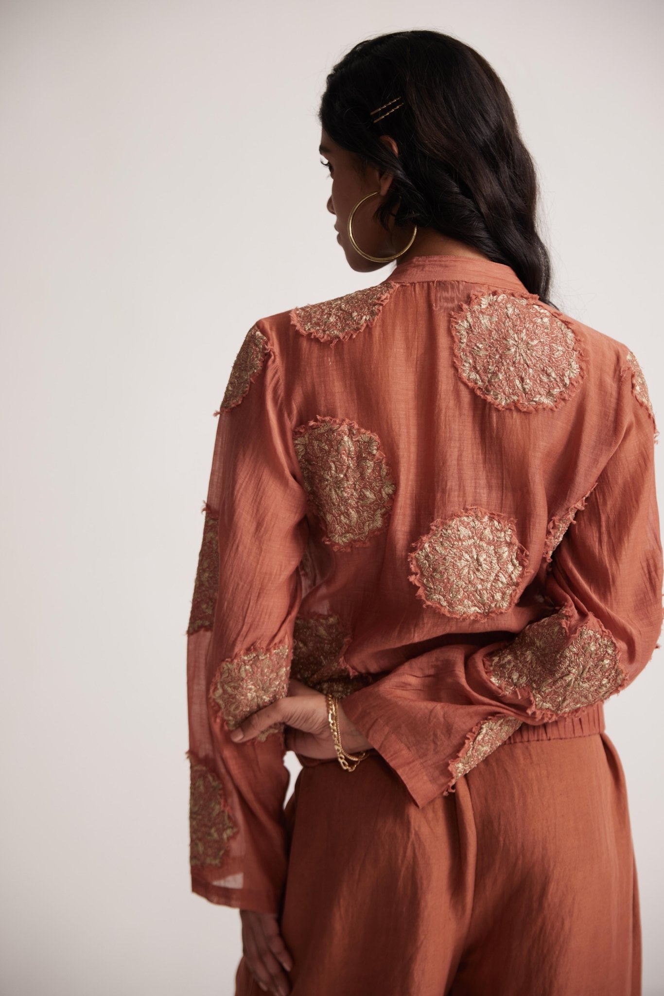 Rust Chanderi Jacket With Zari Mandala Patch Work And Front Zip - Western Era Embroidery for women