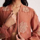 Rust Chanderi Jacket With Zari Mandala Patch Work And Front Zip - Western Era Embroidery for women