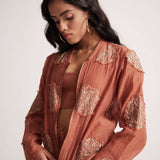 Rust Chanderi Jacket With Zari Mandala Patch Work And Front Zip - Western Era Embroidery for women