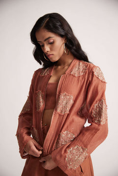 Rust Chanderi Jacket With Zari Mandala Patch Work And Front Zip - Western Era Embroidery for women