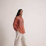 Rust Cotton Full Sleeve Shirt with Front Ruffles - Western Era Tops for women