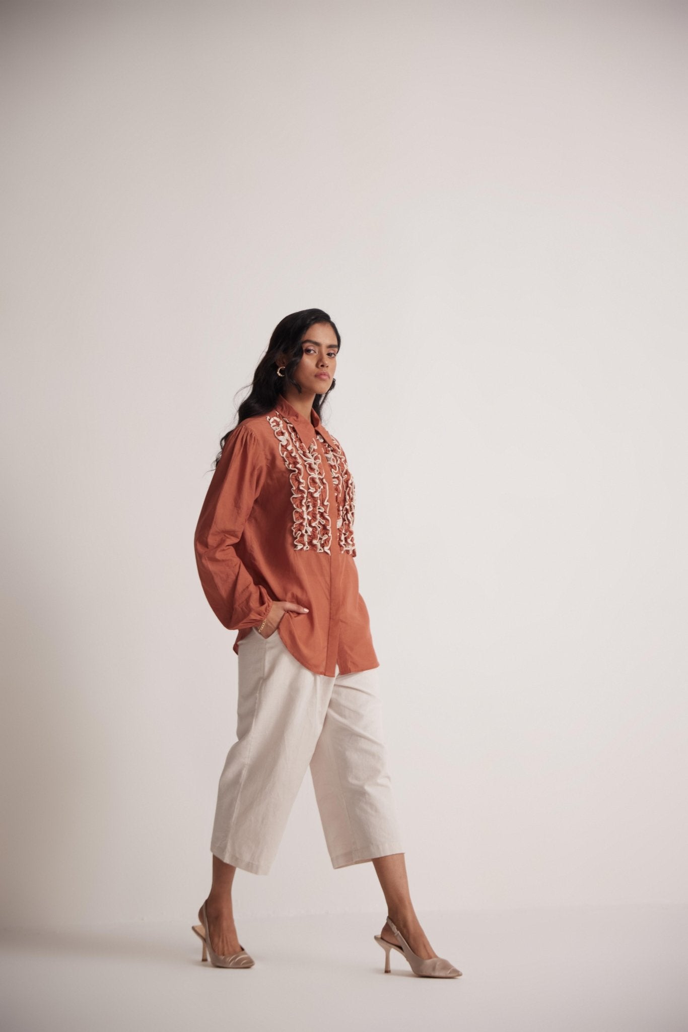 Rust Cotton Full Sleeve Shirt with Front Ruffles - Western Era Tops for women