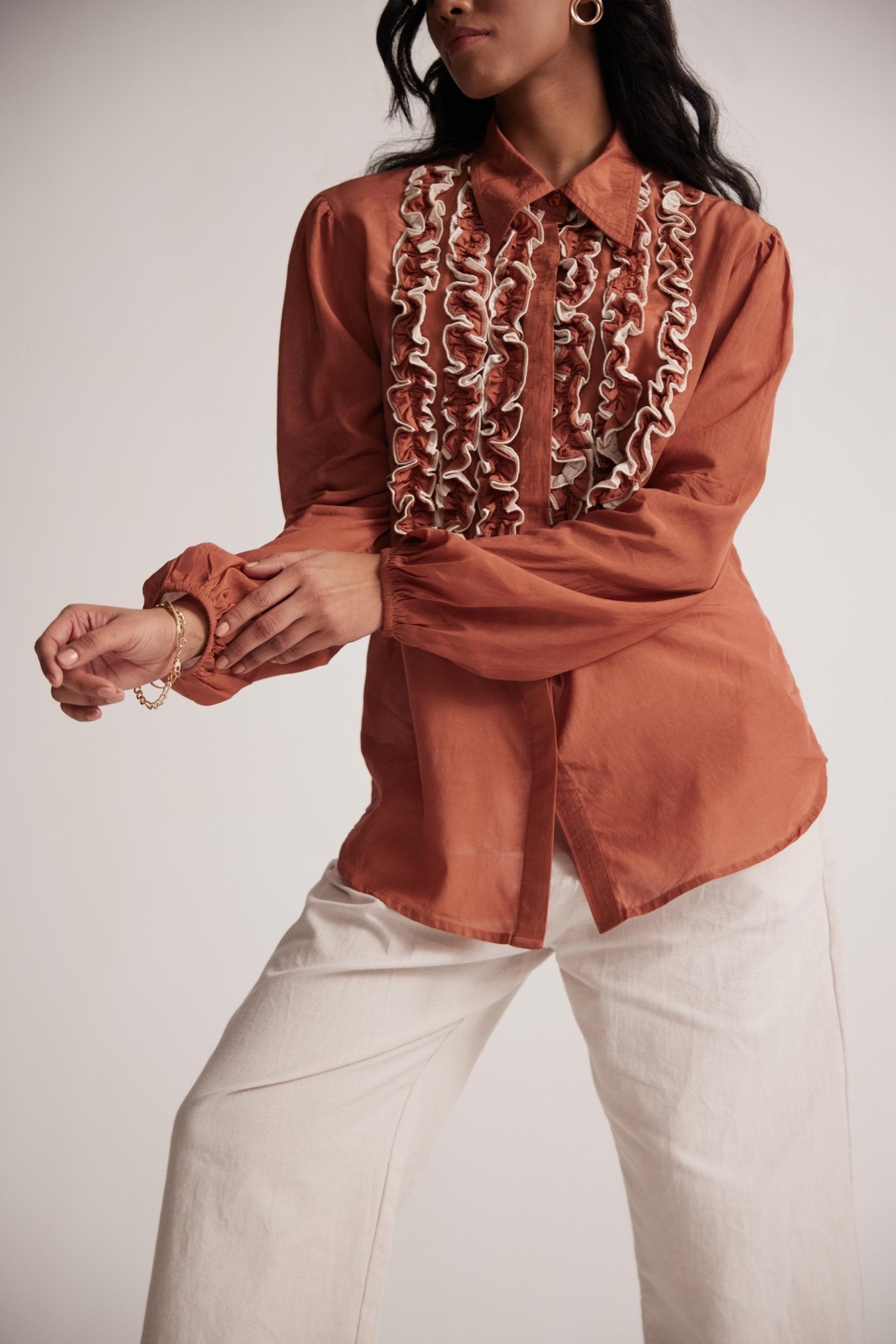 Rust Cotton Full Sleeve Shirt with Front Ruffles - Western Era Tops for women