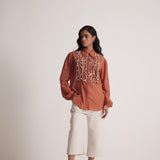 Rust Cotton Full Sleeve Shirt with Front Ruffles - Western Era Tops for women