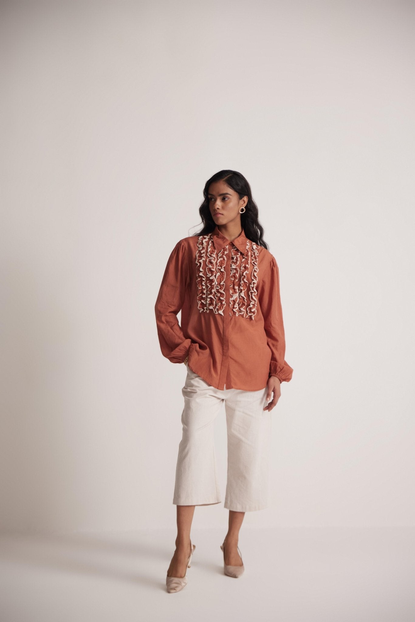 Rust Cotton Full Sleeve Shirt with Front Ruffles - Western Era Tops for women