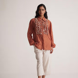 Rust Cotton Full Sleeve Shirt with Front Ruffles - Western Era Tops for women