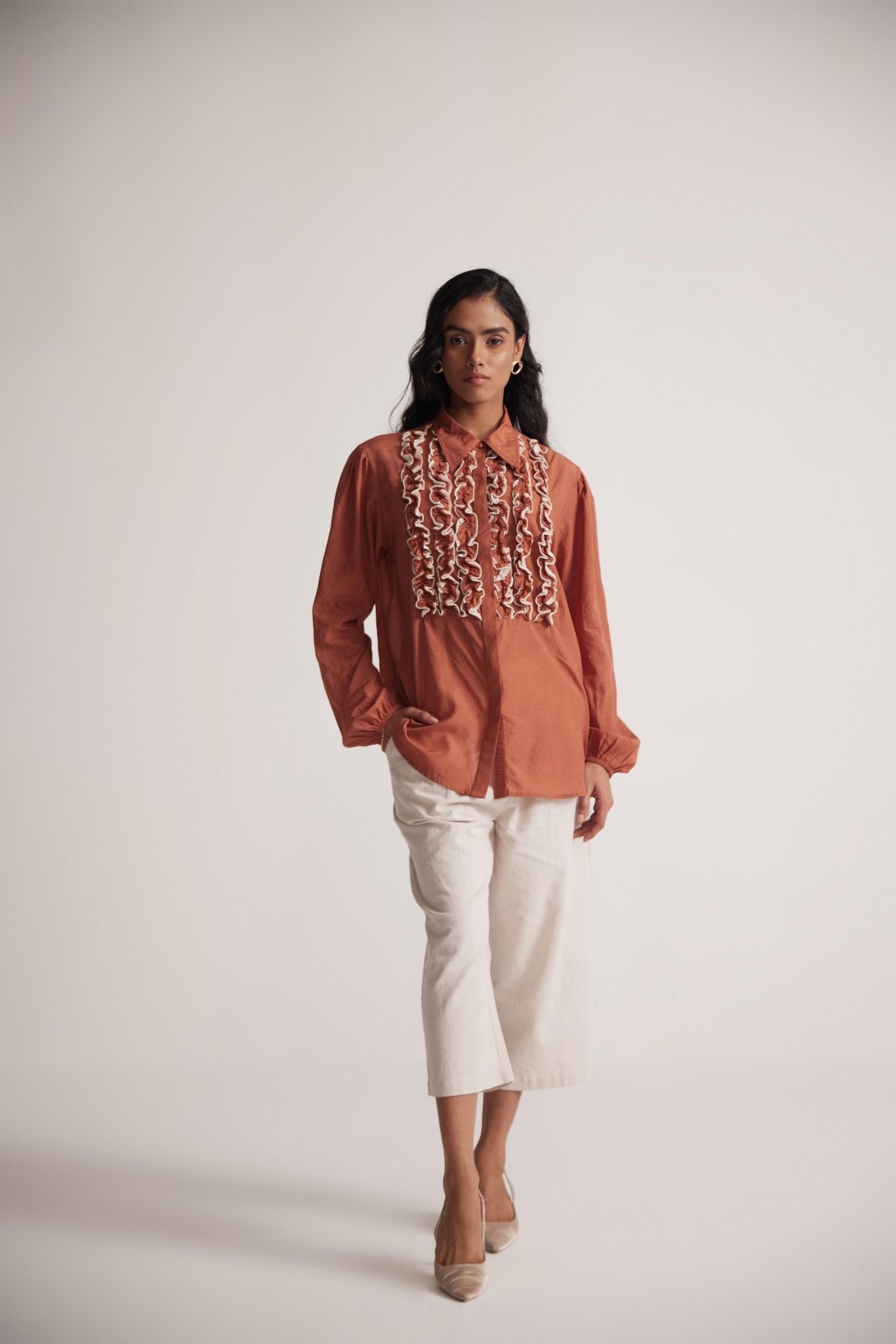 Rust Cotton Full Sleeve Shirt with Front Ruffles - Western Era Tops for women