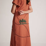 Rust Long Shirt Dress With Front and Back Tree Embroidery - Western Era Embroidery for women