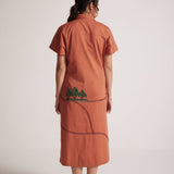 Rust Long Shirt Dress With Front and Back Tree Embroidery - Western Era Embroidery for women