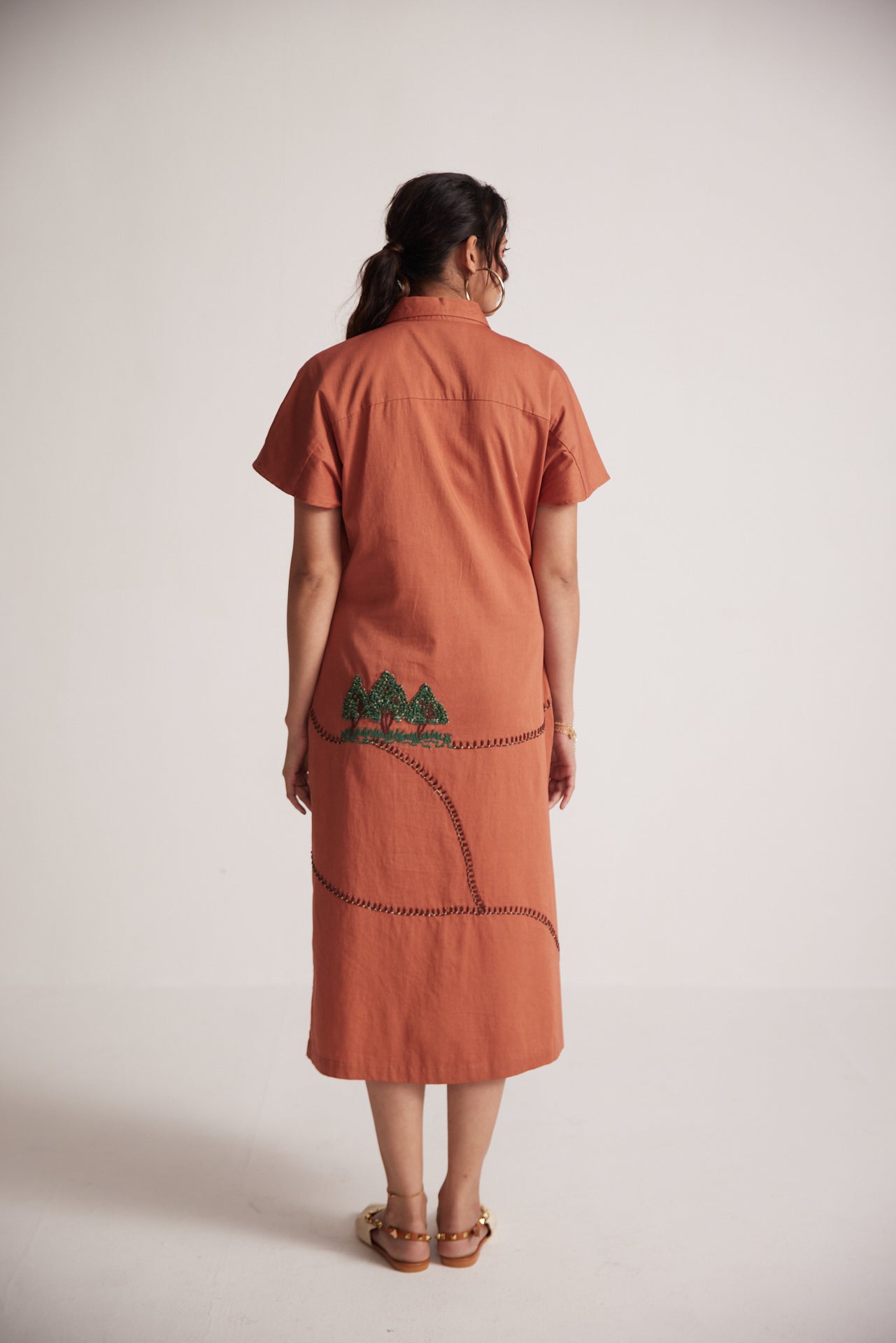 Rust Long Shirt Dress With Front and Back Tree Embroidery - Western Era Embroidery for women
