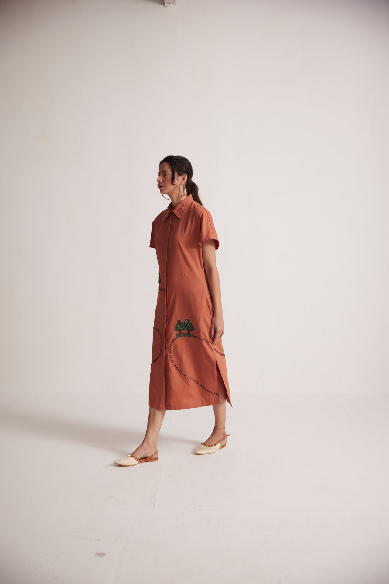 Rust Long Shirt Dress With Front and Back Tree Embroidery - Western Era Embroidery for women