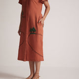 Rust Long Shirt Dress With Front and Back Tree Embroidery - Western Era Embroidery for women