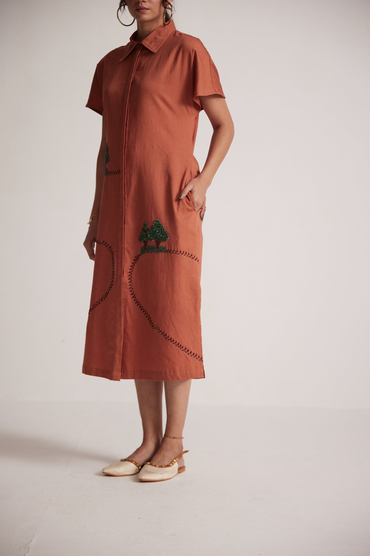 Rust Long Shirt Dress With Front and Back Tree Embroidery - Western Era Embroidery for women