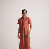 Rust Long Shirt Dress With Front and Back Tree Embroidery - Western Era Embroidery for women